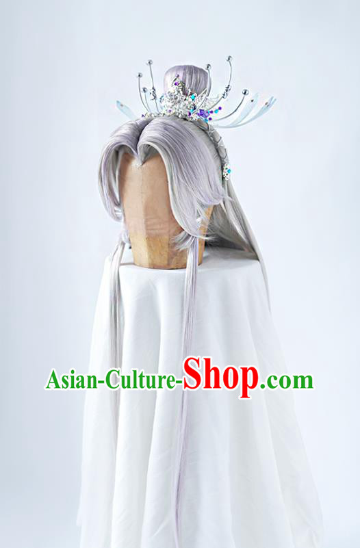 Handmade China Traditional Puppet Show Ren Piaomiao Hairpieces Ancient Immortal Headdress Cosplay Swordsman Lilac Wigs and Hair Crown