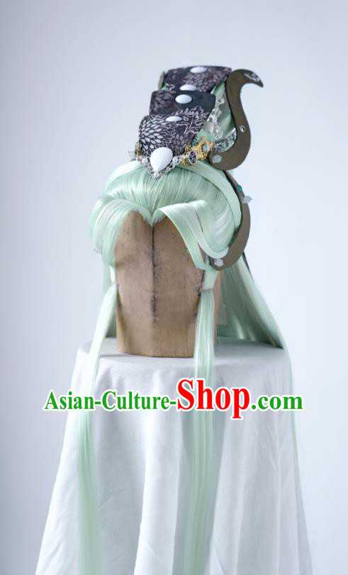 Handmade China Traditional Puppet Show King Mo Cangli Hairpieces Ancient Emperor Headdress Cosplay Swordsman Green Wigs and Hair Crown