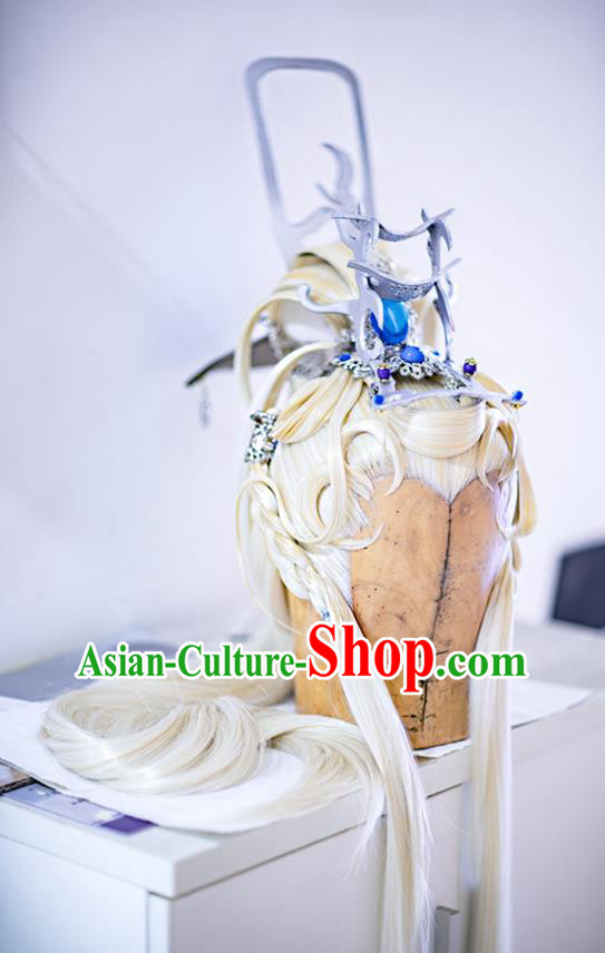 Handmade China Cosplay Taoist Priest White Wigs and Hair Crown Traditional Puppet Show Zuo Wujiu Hairpieces Ancient Swordsman Headdress