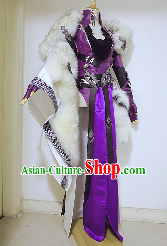 Top Chinese Cosplay Female Warrior Garment Costumes Ancient Swordswoman Clothing Traditional Game Role Heroine Purple Apparels