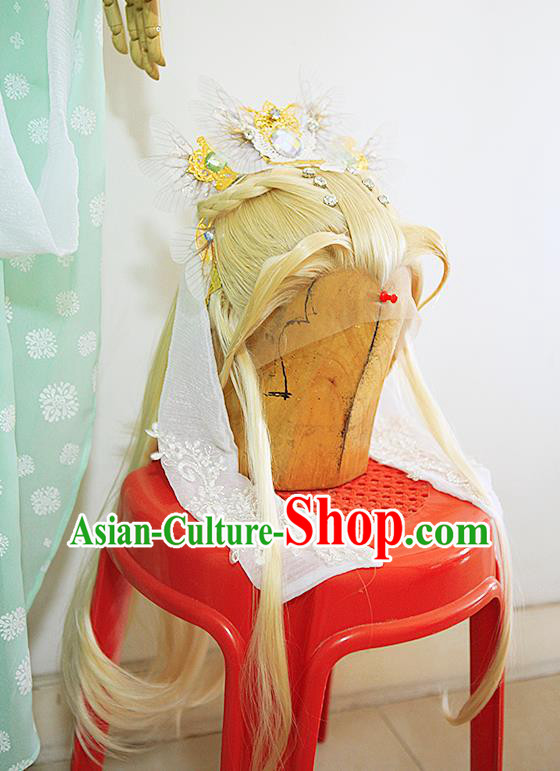 Chinese Ancient Female Swordsman Golden Wigs and Hairpins Headwear Traditional Hanfu Hairpieces Cosplay Goddess Queen Hair Accessories