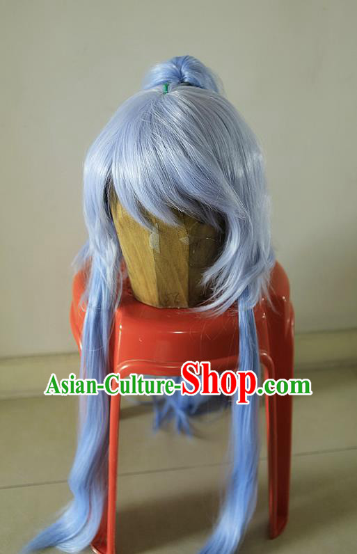 Handmade China Ancient Swordsman Headdress Cosplay Young Knight Blue Wigs Traditional Puppet Show Chivalrous Hero Hairpieces