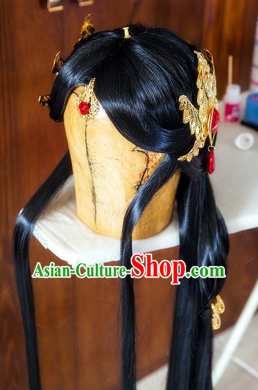 Chinese Ancient Princess Black Wigs Headwear Traditional Online Game Fairy Hairpieces Cosplay Young Woman Hair Accessories