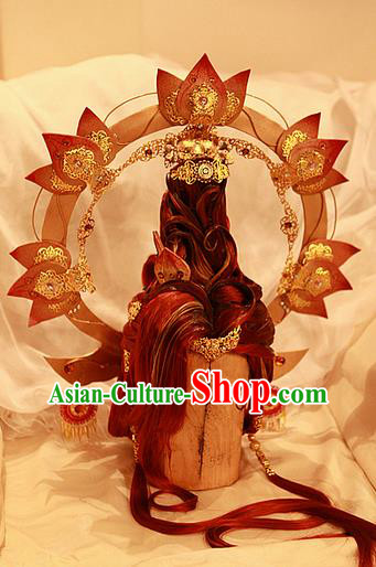 Chinese Cosplay Goddess Hair Accessories Ancient Queen Red Wigs and Hair Crown Headwear Traditional Puppet Show Female Hairpieces