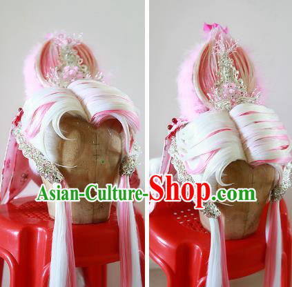Chinese Traditional Puppet Show Queen Hairpieces Cosplay Goddess Hair Accessories Ancient Nymph Pink Wigs and Hair Crown Headwear