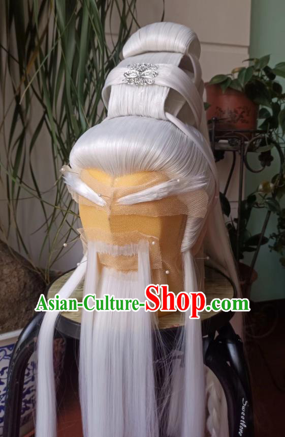 Handmade China Traditional Puppet Show Swordsman Hairpieces Ancient Taoist Priest Headdress Cosplay Elderly Male White Wigs and Beard