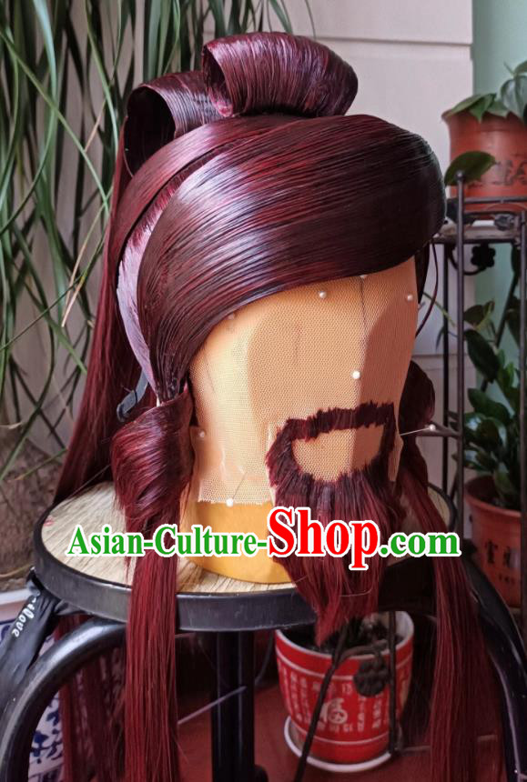 Handmade China Ancient Patriarch Headdress Cosplay Swordsman Red Wigs and Beard Traditional Puppet Show Sword Master Hairpieces