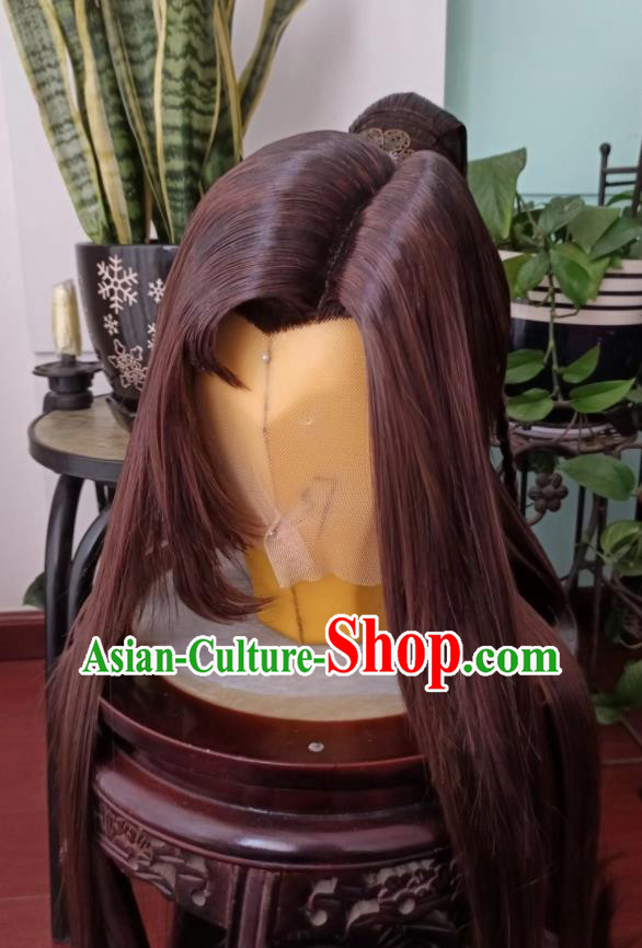 Handmade China Traditional Puppet Show Young Hero Feng Xiaoyao Hairpieces Ancient Chivalrous Knight Headdress Cosplay Swordsman Brown Wigs