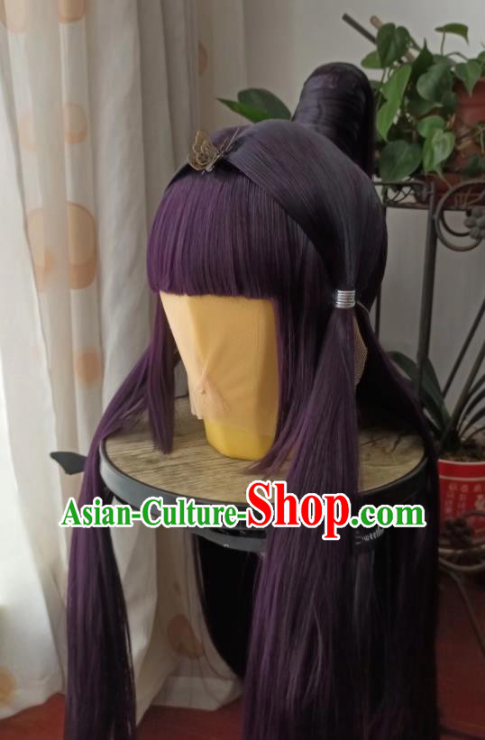 China Ancient Swordswoman Purple Wigs Traditional Puppet Show Feng Die Hair Accessories Cosplay Fairy Princess Hairpieces