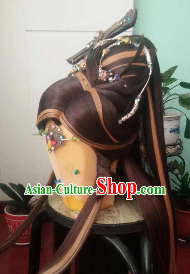Chinese Puppet Show Young Childe Headdress Traditional Handmade Cosplay Swordsman Brown Wigs Hairpieces Ancient Royal Prince Periwig Hair Accessories
