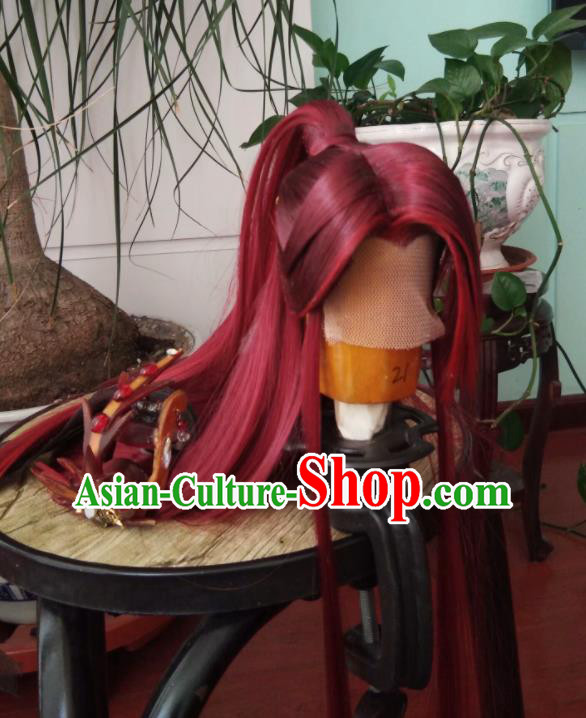 Chinese Traditional Cosplay Prince Red Wigs Hairpieces Ancient Swordsman Periwig Hair Accessories Handmade Puppet Show Young Warrior Headdress