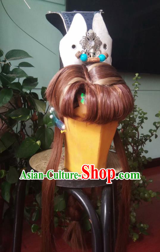 Chinese Handmade Puppet Show Young Childe Headdress Traditional Cosplay Prince Golden Wigs and Hairdo Crown Hairpieces Ancient Swordsman Periwig Hair Accessories