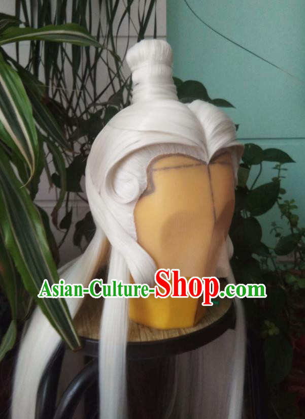 Chinese Ancient Emperor Periwig Hair Accessories Handmade Puppet Show Su Huanzhen Headdress Traditional Cosplay Taoist Priest White Wigs Hairpieces
