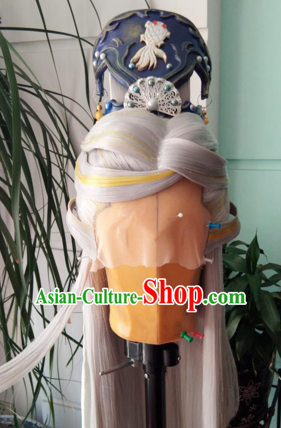 Chinese Traditional Cosplay Taoist Priest Gray Wigs and Hairdo Crown Hairpieces Ancient Patriarch Periwig Hair Accessories Handmade Puppet Show Headdress