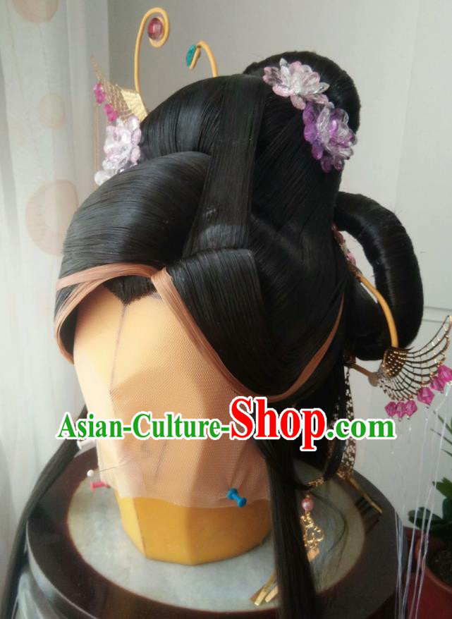 China Traditional Puppet Show Swordswoman Geng Qiulu Hair Accessories Cosplay Female Knight Hairpieces Ancient Fairy Princess Wigs