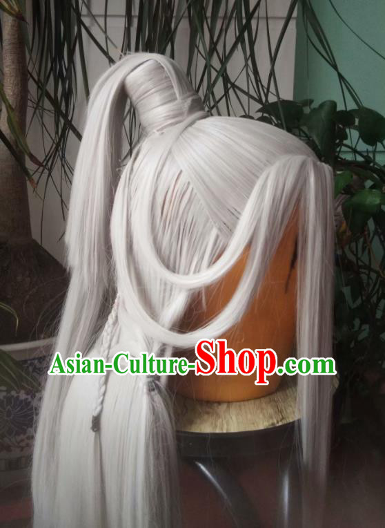 Chinese Ancient Taoist Priest Periwig Hair Accessories Handmade Puppet Show Elderly Male Headdress Traditional Cosplay Swordsman Gray Wigs Hairpieces