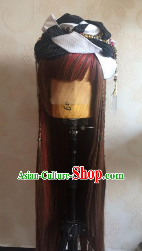 China Ancient Swordswoman Red Wigs Traditional Puppet Show Hair Accessories Cosplay Female Knight Hairpieces