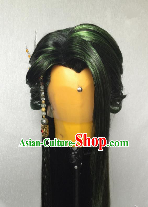 Chinese Handmade Puppet Show Swordsman Headdress Traditional Cosplay Demon Prince Green Wigs Hairpieces Ancient Young Hero Periwig Hair Accessories