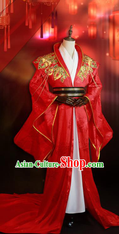 China Ancient Emperor Red Clothing Traditional Wedding Garment Costumes Cosplay Demon King Apparels