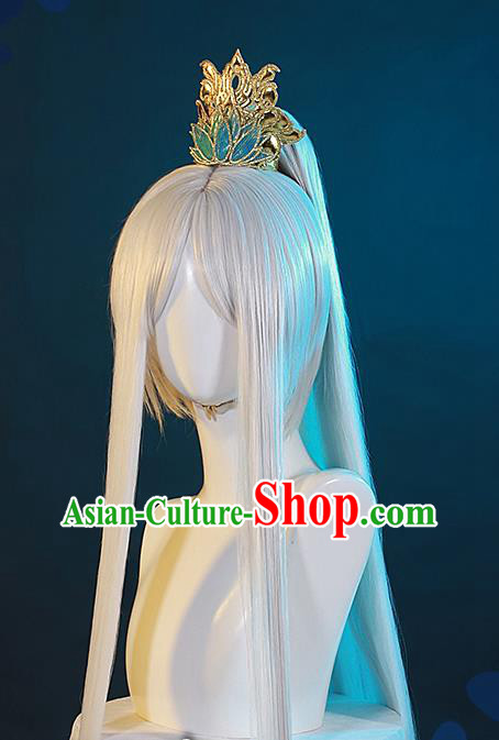 Chinese Handmade Cosplay Young Knight Headdress Traditional Game Role White Wigs Hairpieces Ancient Swordsman Periwig Hair Accessories