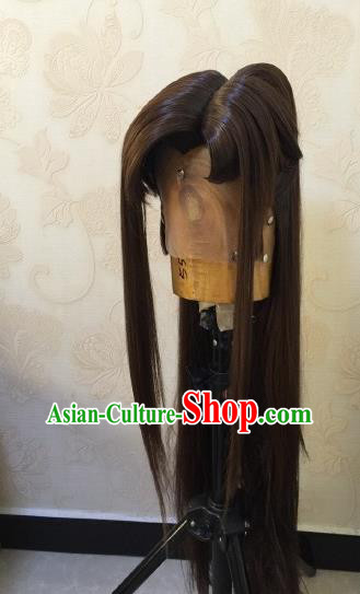 Chinese Handmade Puppet Show Swordsman Headdress Traditional Cosplay Knight Brown Wigs Hairpieces Ancient Young Hero Periwig Hair Accessories