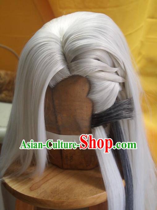 Chinese Handmade Cosplay Swordsman Headdress Traditional Puppet Show Gray Wigs Hairpieces Ancient Taoist Priest Periwig Hair Accessories