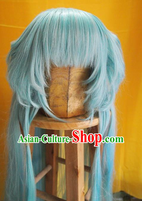 China Ancient Young Lady Blue Wigs Headdress Traditional Puppet Show Yue Sheng Hair Accessories Cosplay Maidservant Hairpieces