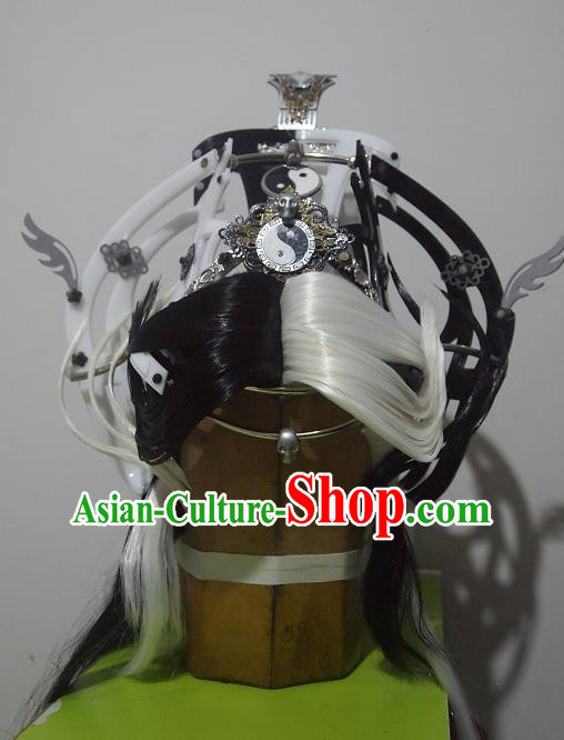 Chinese Ancient Taoist Priest Periwig Hair Accessories Handmade Cosplay Swordsman Headdress Traditional Puppet Show Patriarch Wigs Hairpieces