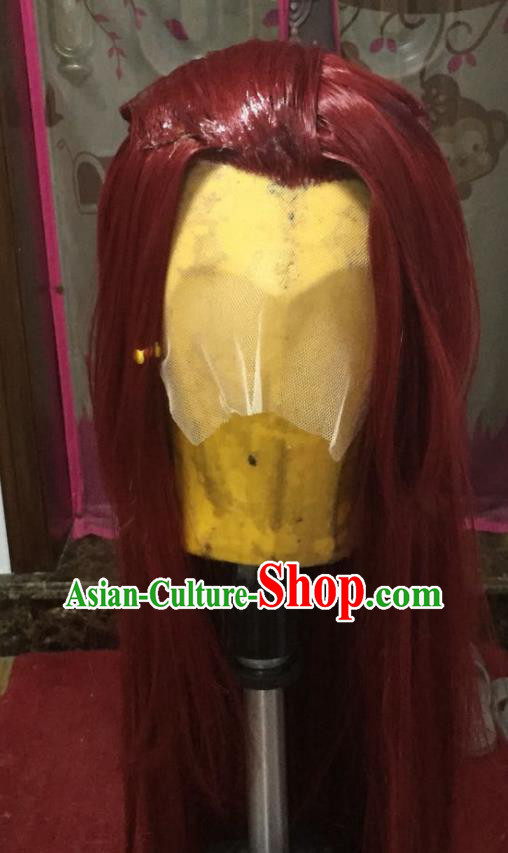 Chinese Traditional Puppet Show Rong Tian Red Wigs Hairpieces Ancient Young Hero Periwig Hair Accessories Handmade Cosplay Swordsman Headdress