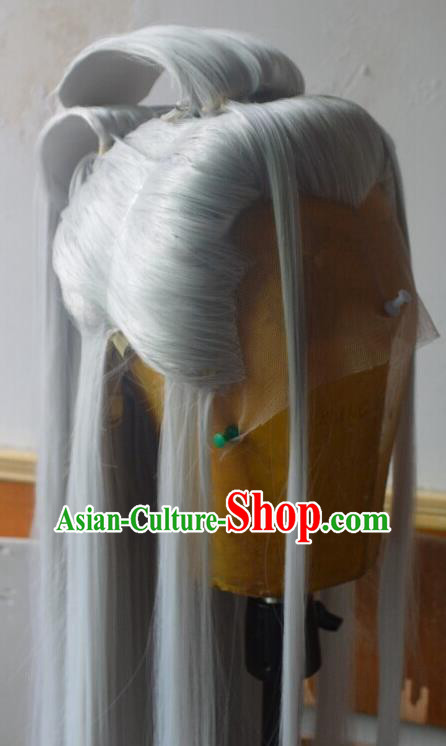 Chinese Handmade Cosplay Immortal Headdress Traditional Puppet Show Yue Tianji Gray Wigs Hairpieces Ancient Taoist Priest Periwig Hair Accessories