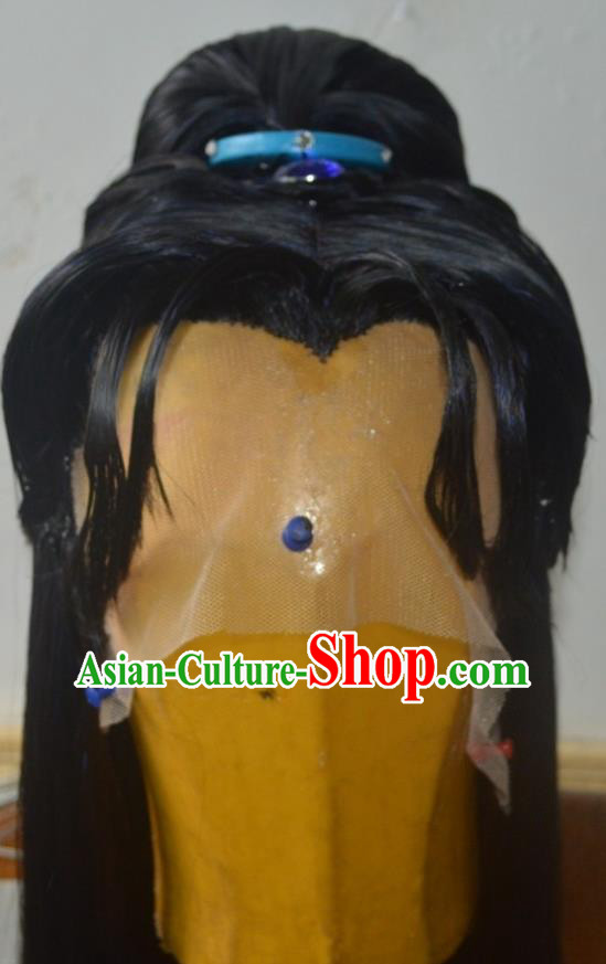 Chinese Traditional Puppet Show Young Hero Black Wigs Hairpieces Ancient Swordsman Periwig Hair Accessories Handmade Cosplay Chivalrous Male Headdress