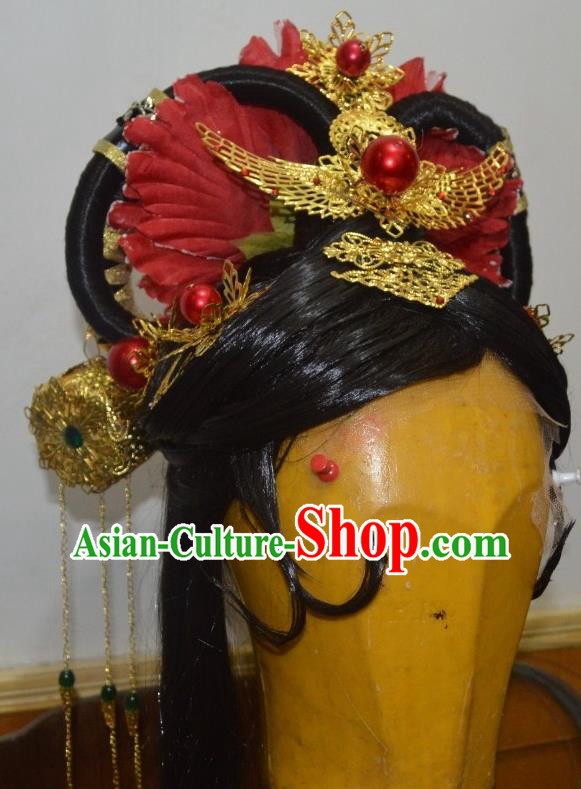 China Ancient Imperial Consort Black Wigs Headdress Traditional Puppet Show Queen Hair Accessories Cosplay Flowers Goddess Hairpieces