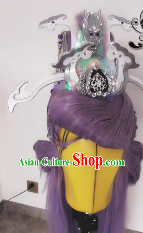 Chinese Ancient Prince Hair Accessories Handmade Cosplay Dragon King Purple Wigs and Hair Crown Headdress Traditional Puppet Show Swordsman Hairpieces