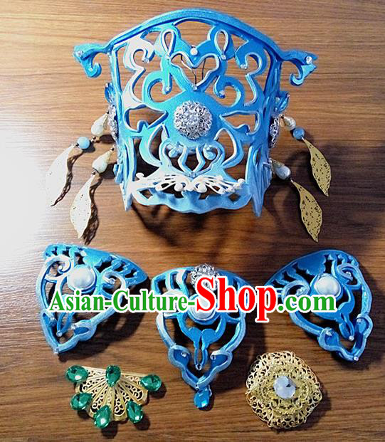 Chinese Ancient Young Childe Hair Accessories Handmade Cosplay Swordsman Headpieces Traditional Puppet Show Prince Blue Hairdo Crown