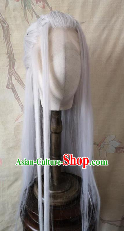 Chinese Ancient Taoist Priest Hair Accessories Cosplay Swordsman Hairpieces Traditional Gray Handmade Front Lace Wigs Headdress