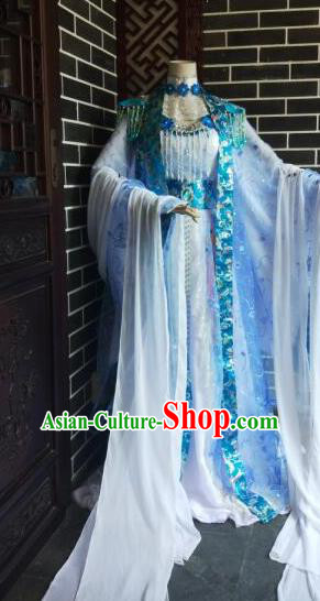 Custom Chinese Cosplay Fairy Princess Garment Costumes Puppet Show Goddess Blue Dress Outfits Ancient Imperial Consort Clothing
