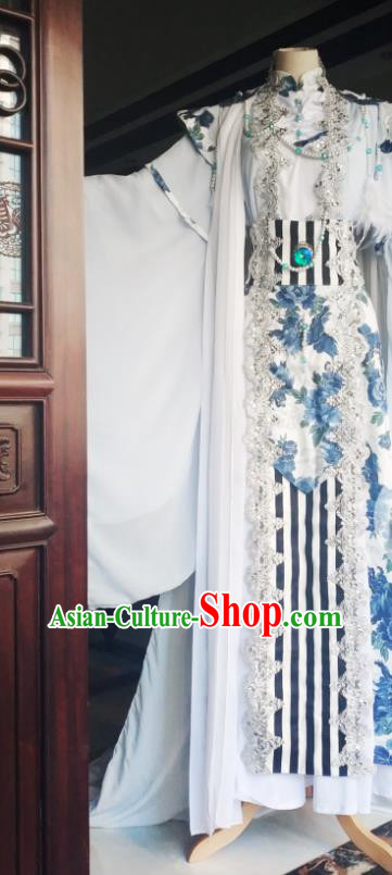 China Cosplay Noble Childe Apparels Ancient Royal Prince White Robe Clothing Traditional Puppet Show Yuan Cangming Garment Costumes