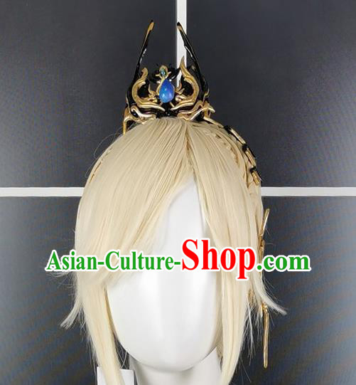Chinese Ancient Swordsman Hairdo Crown Hair Accessories Cosplay Young Hero Hairpieces Traditional JX Online Golden Wigs Headdress
