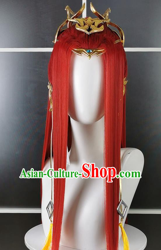 Chinese Traditional JX Online Childe Red Wigs and Hairdo Crown Headdress Ancient Prince Hair Accessories Cosplay Swordsman Hairpieces