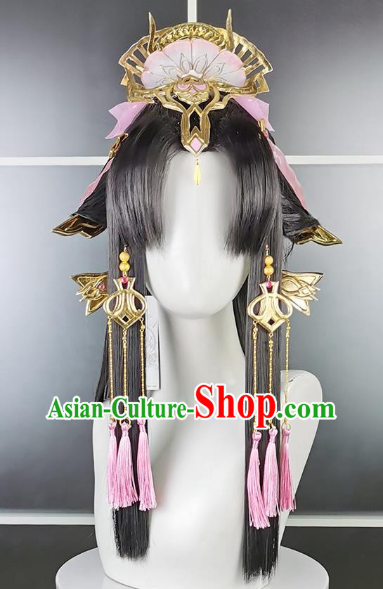 China Cosplay Goddess Black Wigs and Hair Crown Headwear Ancient Young Beauty Hairpieces Traditional Game Role Princess Hair Accessories