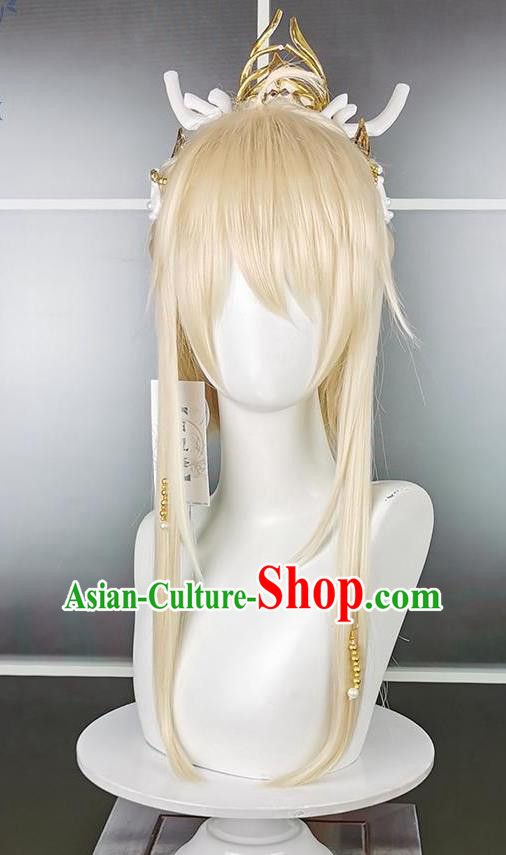 Chinese Traditional JX Online Young Hero Golden Wigs and Hairdo Crown Headdress Ancient Swordsman Hair Accessories Cosplay Dragon Prince Hairpieces