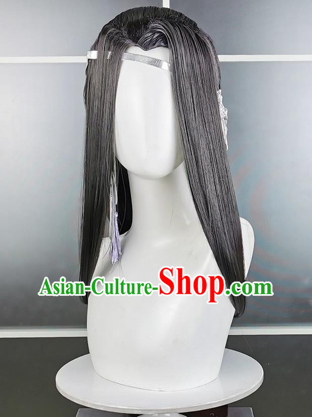 China Cosplay Female Knight Black Wigs Headwear Ancient Young Lady Hairpieces Traditional Game Role Swordswoman Hair Accessories