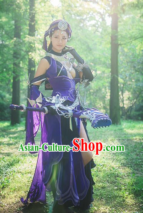 Custom Chinese Traditional Female Warrior Purple Dress Outfits Ancient Princess Clothing Cosplay Swordswoman Garment Costumes