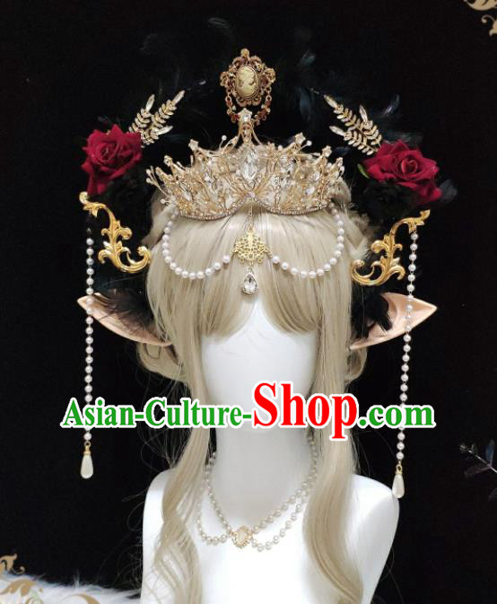 Handmade Cosplay Goddess Royal Crown Halloween Performance Hair Accessories Baroque Queen Tiara and Black Feather Aureole Headpieces