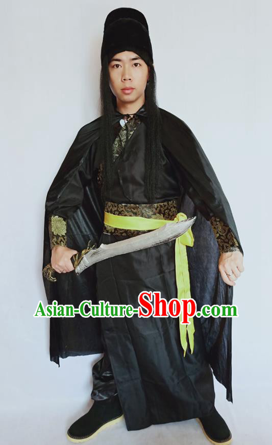 Top China Ming Dynasty Knight Garment Costumes Ancient Swordsman Black Robe Apparels Cosplay Imperial Bodyguard Clothing and Hat