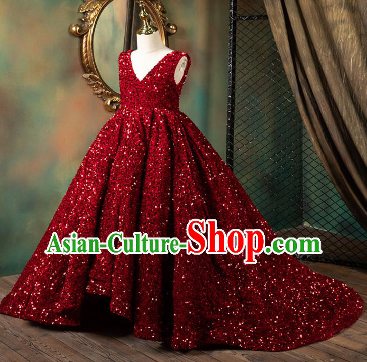 Custom Princess Wine Red Trailing Full Dress Compere Garment Costumes Girl Stage Show Fashion Children Catwalks Clothing