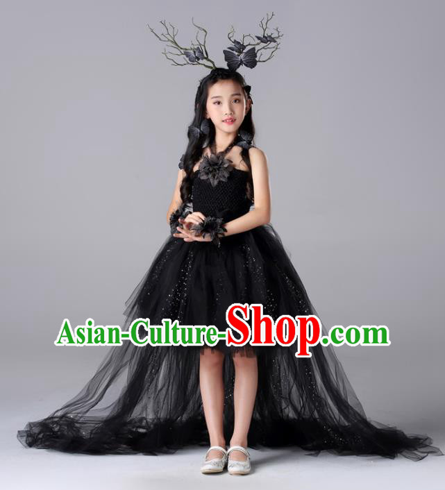 Custom Compere Garment Costumes Stage Show Fashion Children Catwalks Clothing Girl Black Veil Bubble Dress