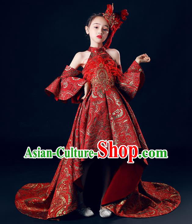 Custom Girl Stage Show Fashion Children Catwalks Clothing Baroque Princess Red Trailing Dress Baby Compere Garment Costumes