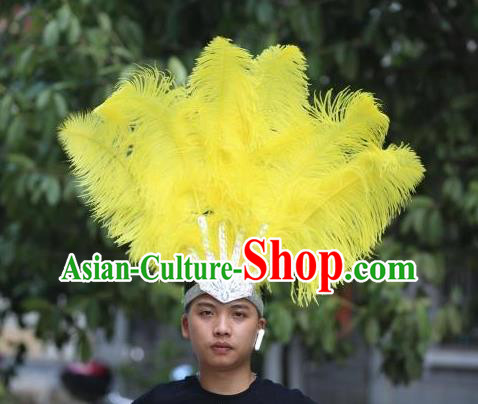 Handmade Samba Dance Hair Crown Rio Carnival Yellow Ostrich Feather Hat Halloween Male Headwear Stage Performance Hair Accessories