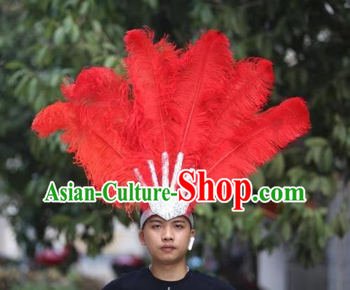 Handmade Rio Carnival Red Ostrich Feather Hat Halloween Cosplay Headwear Stage Performance Giant Hair Crown Samba Dance Hair Accessories